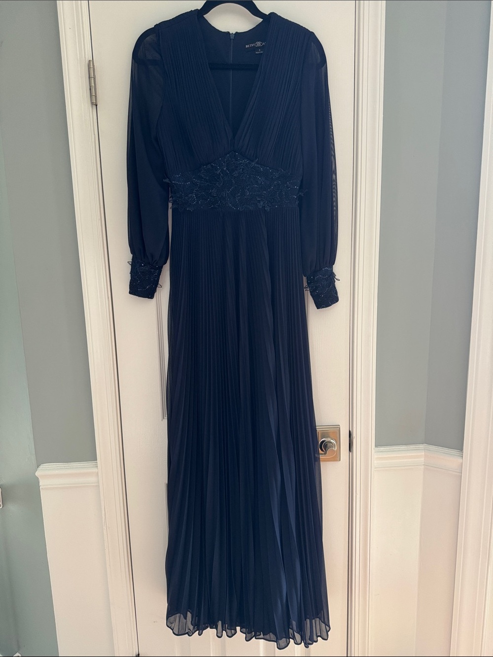 Betsy & Adam Navy Sequin Waist Long Sleeve Gown